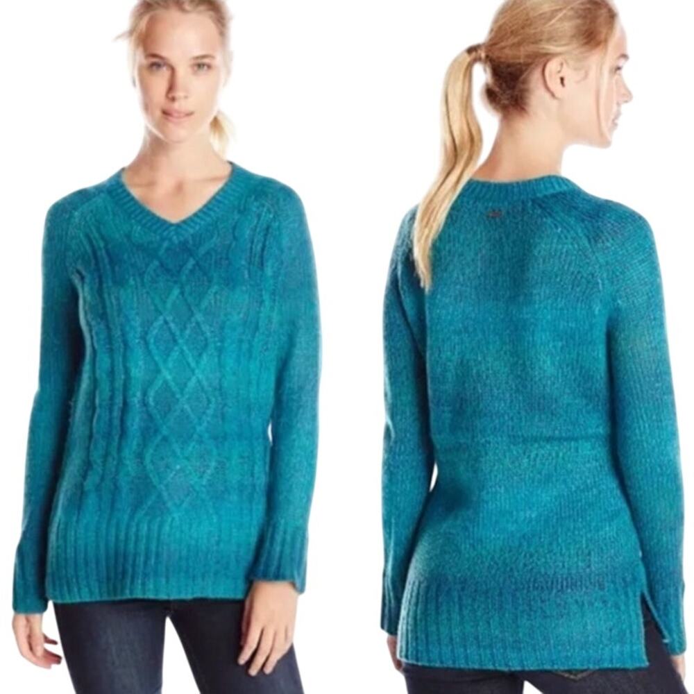Prana Leisel Ombre Sweater Cable Knit V Neck Side Slits Teal Blue Womens Small